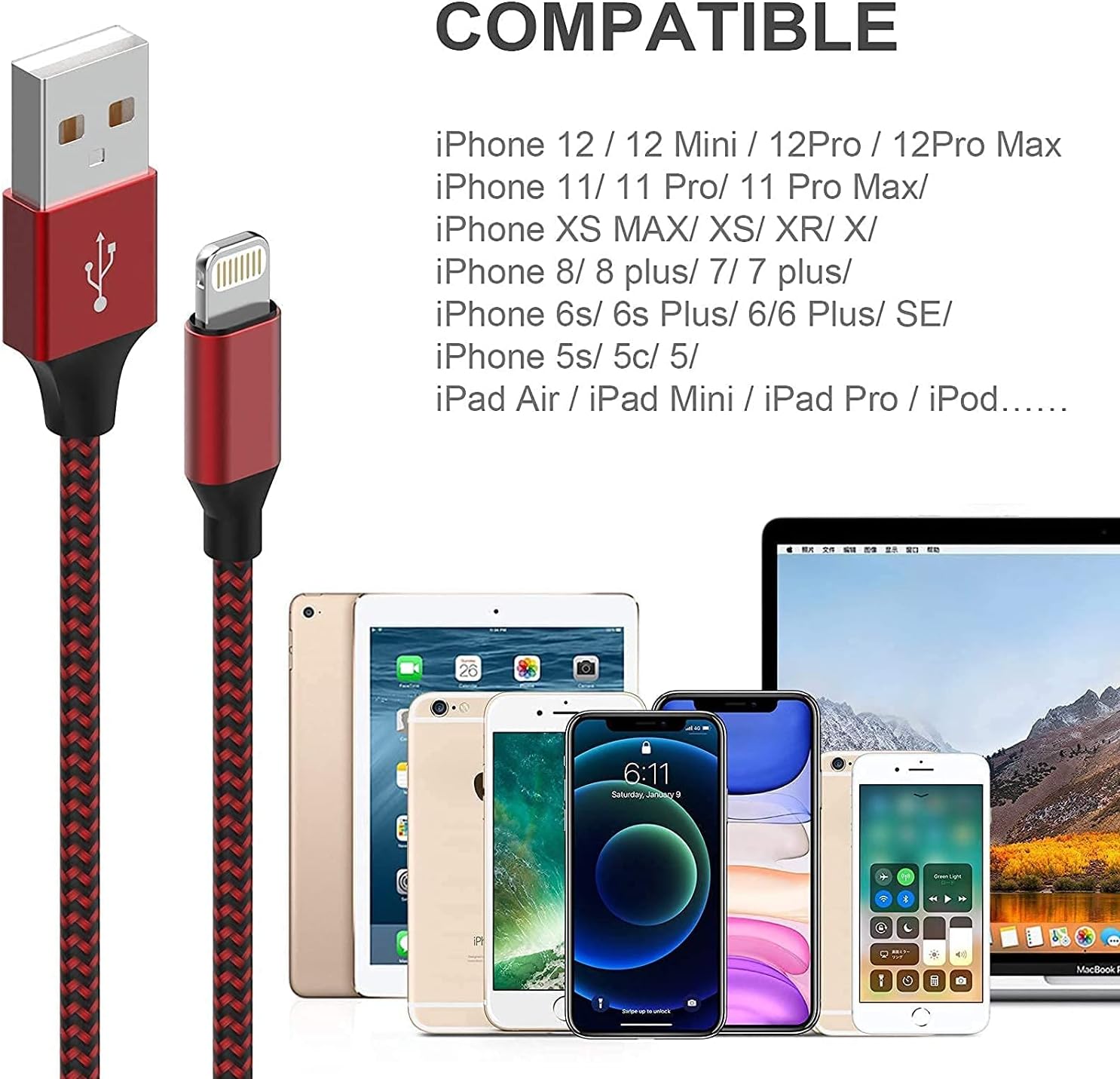 [Apple MFi Certified] 6Pack 3/3/6/6/6/10 FT iPhone Charger Nylon Braided Fast Charging Lightning Cable Compatible