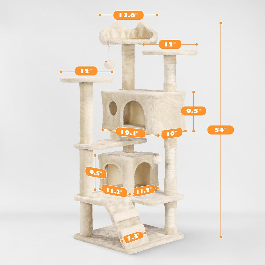 Yaheetech 54in Cat Tree, Multi-Level Cat Tower with Spacious Perch, 2 Cozy Caves, Scratching Posts, Climbing Ladder
