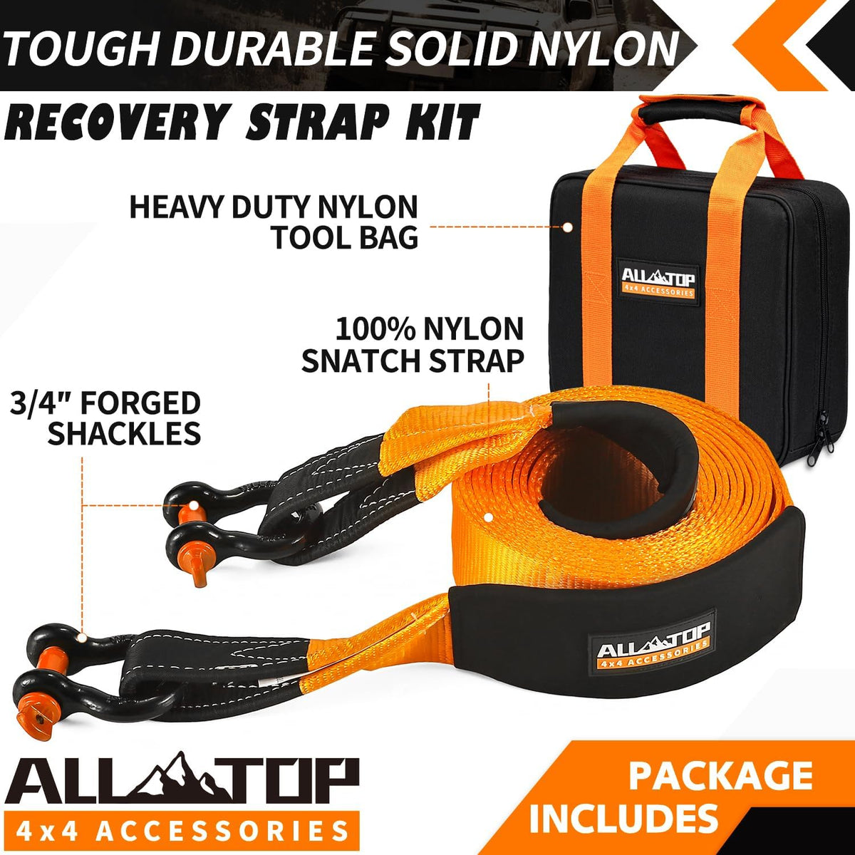 Extreme Duty Tow Strap Recovery Kit: 4inch x 30ft (46,500lbs) 100% Nylon and 22% Elongation Snatch Strap + 3/4 Heavy