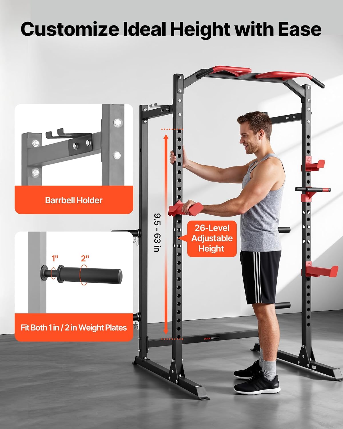 Power Cage Power Rack, Multifunctional Barbell Squat Rack with Adjustable Height, Home Gym Strength Training Workout