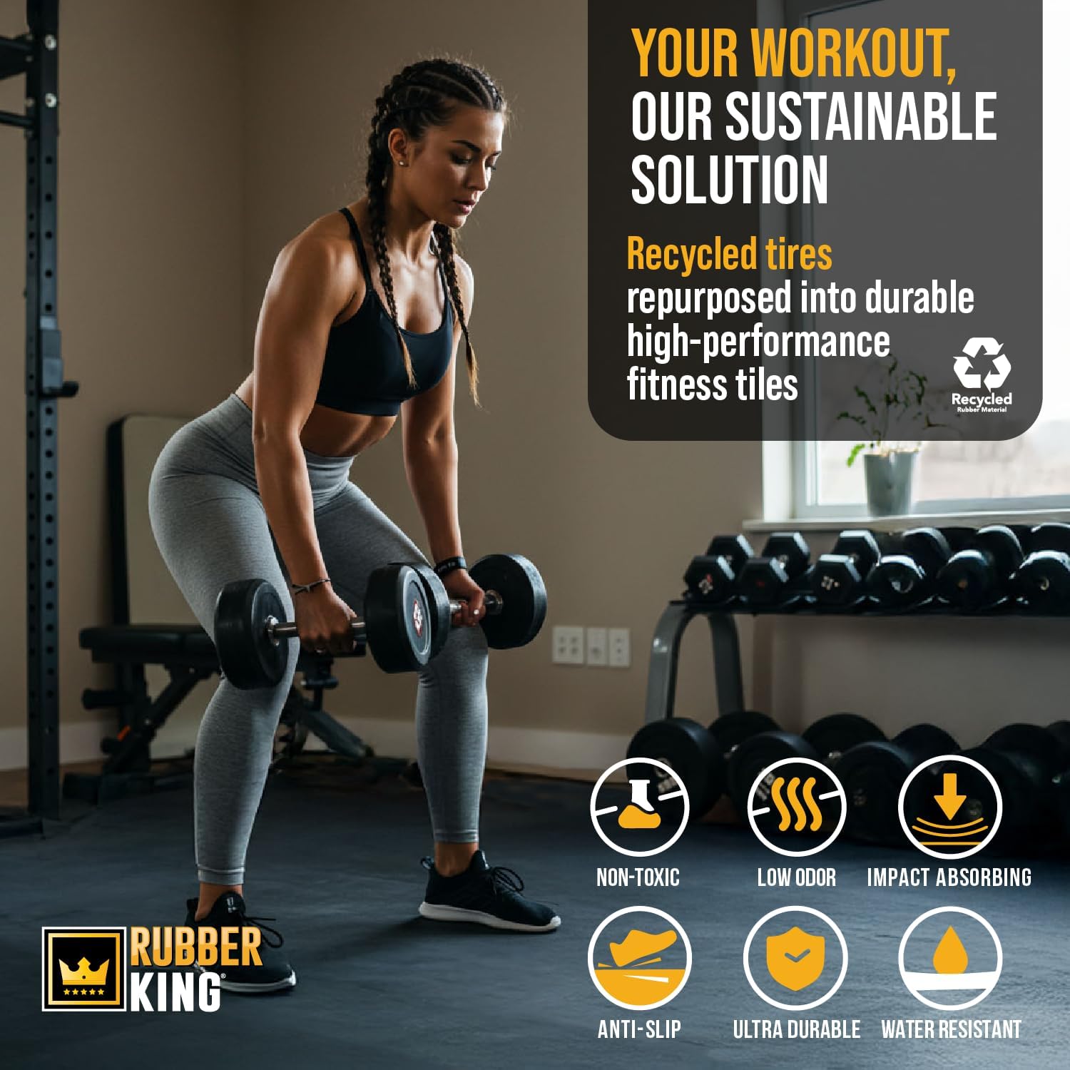 Rubber King 10 Piece Interlocking Tiles 19" x 19" x 6mm - 100% Recycled Rubber Gym Floor Tiles, Exercise Mat for Home