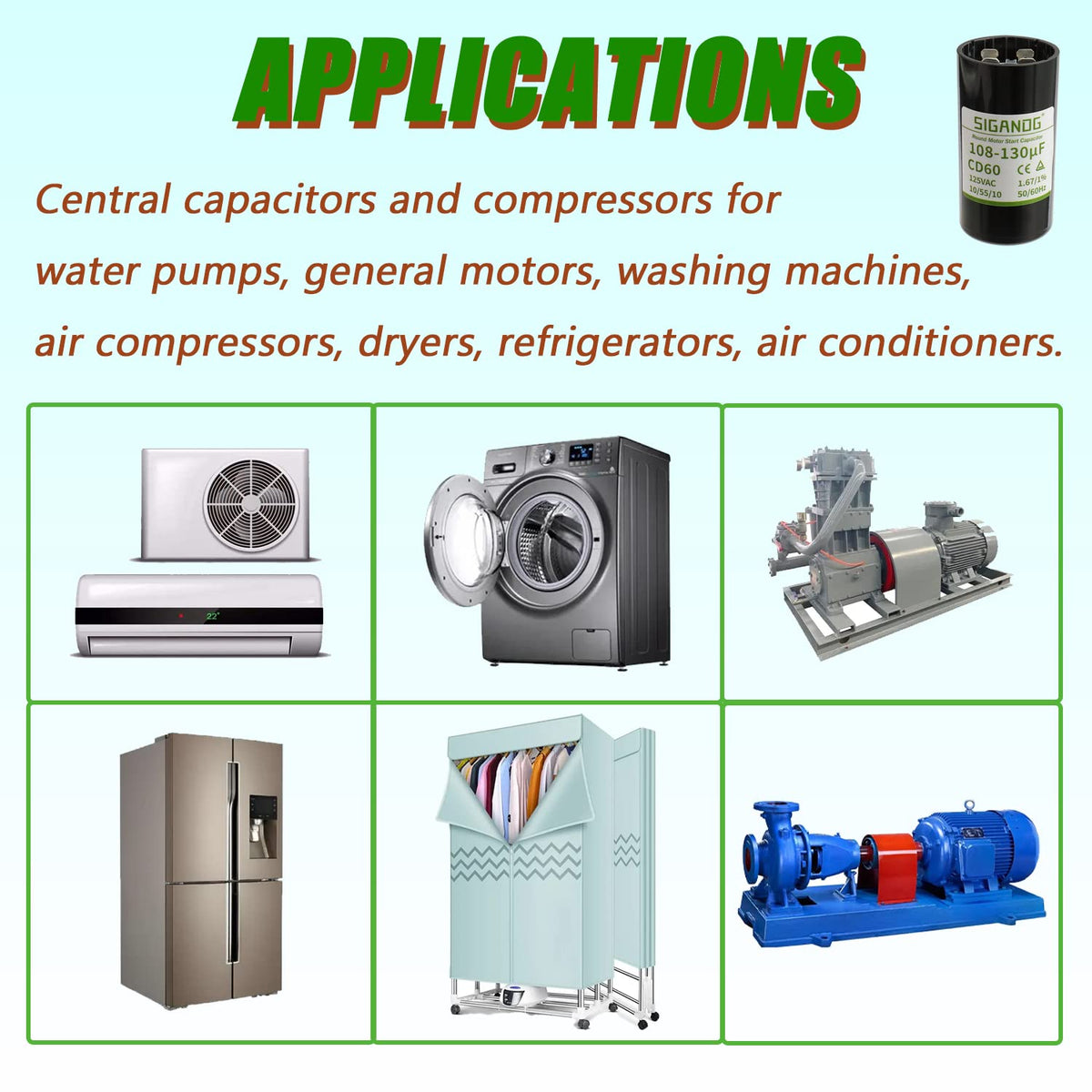 108-130 MFD 110-125 VAC Round Start Capacitor 50/60 Hz AC