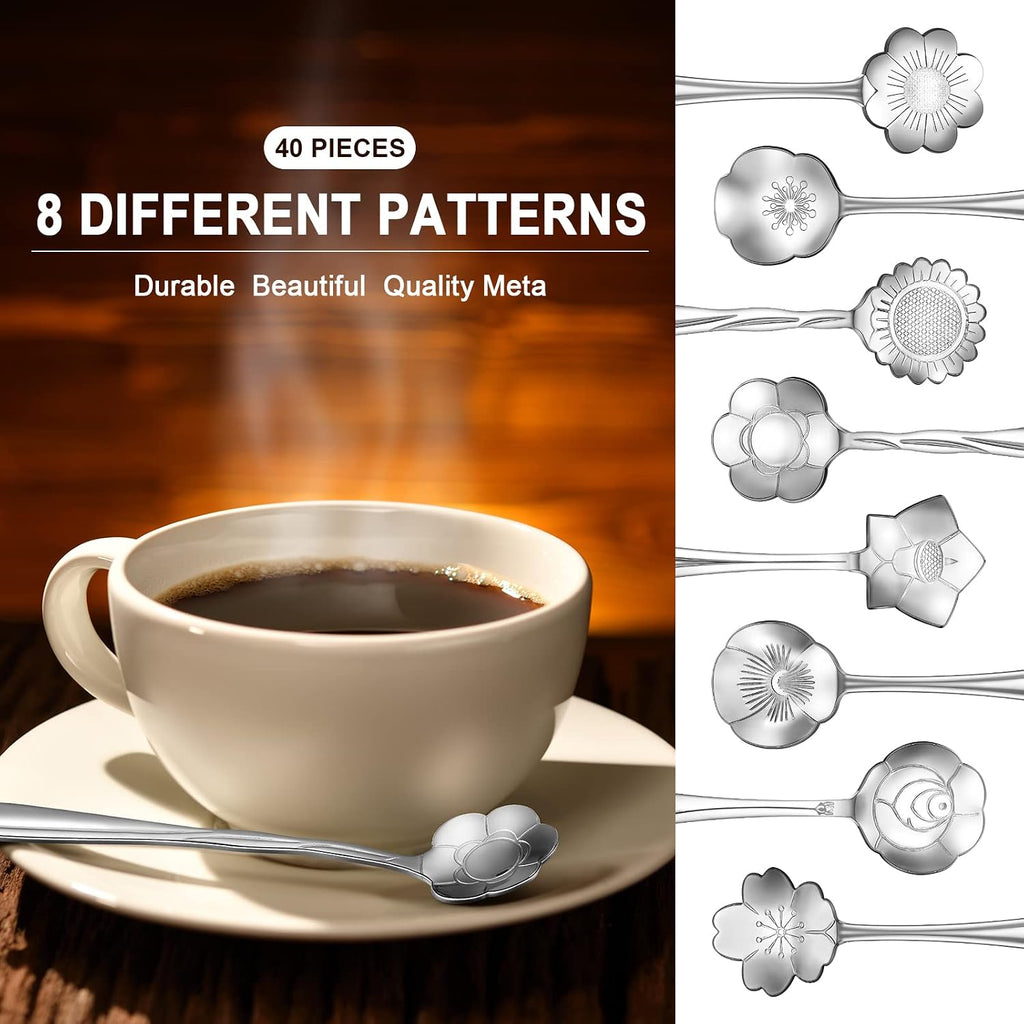 40 Pcs SilverTea Spoons Set Stainless Steel Flower Coffee Spoons