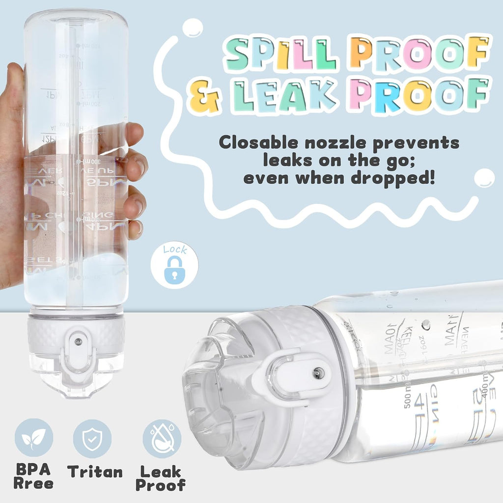 17oz Kids Water Bottle, Tritan BPA-Free, Leakproof Flip Straw Lid, Motivational Time Marker, Carry Strap, Reusable