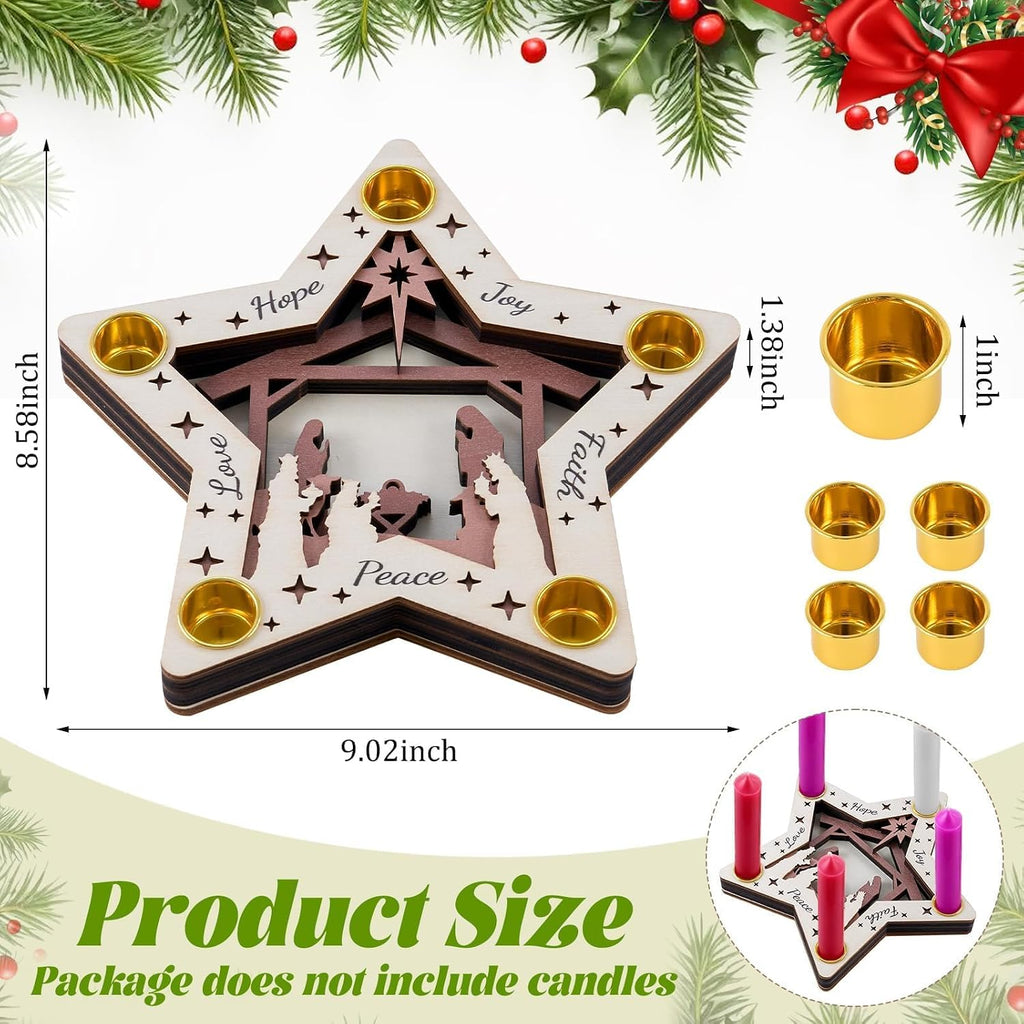 Advent Wreath Candle Holder, Wooden Nativity Scene Advent Candlestick, 5-Hole Star Shape Wreath Candle Holder for