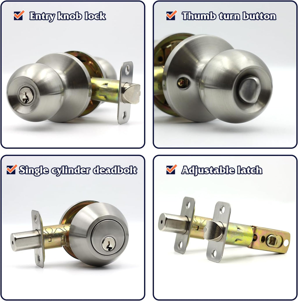 Entry Door Knob and Single Cylinder Deadbolt Combo,Keyed Alike Combination Sets Door Locksets, Satin Nickel Front