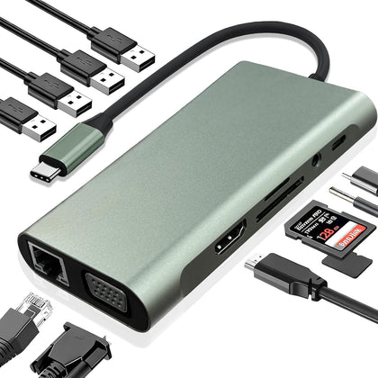 USB C Hub 11-in-1 Docking Station, Type-C Multiport Adapter with 4K HDMI, VGA, 100W PD, USB 3.0, RJ45 Ethernet, SD/TF