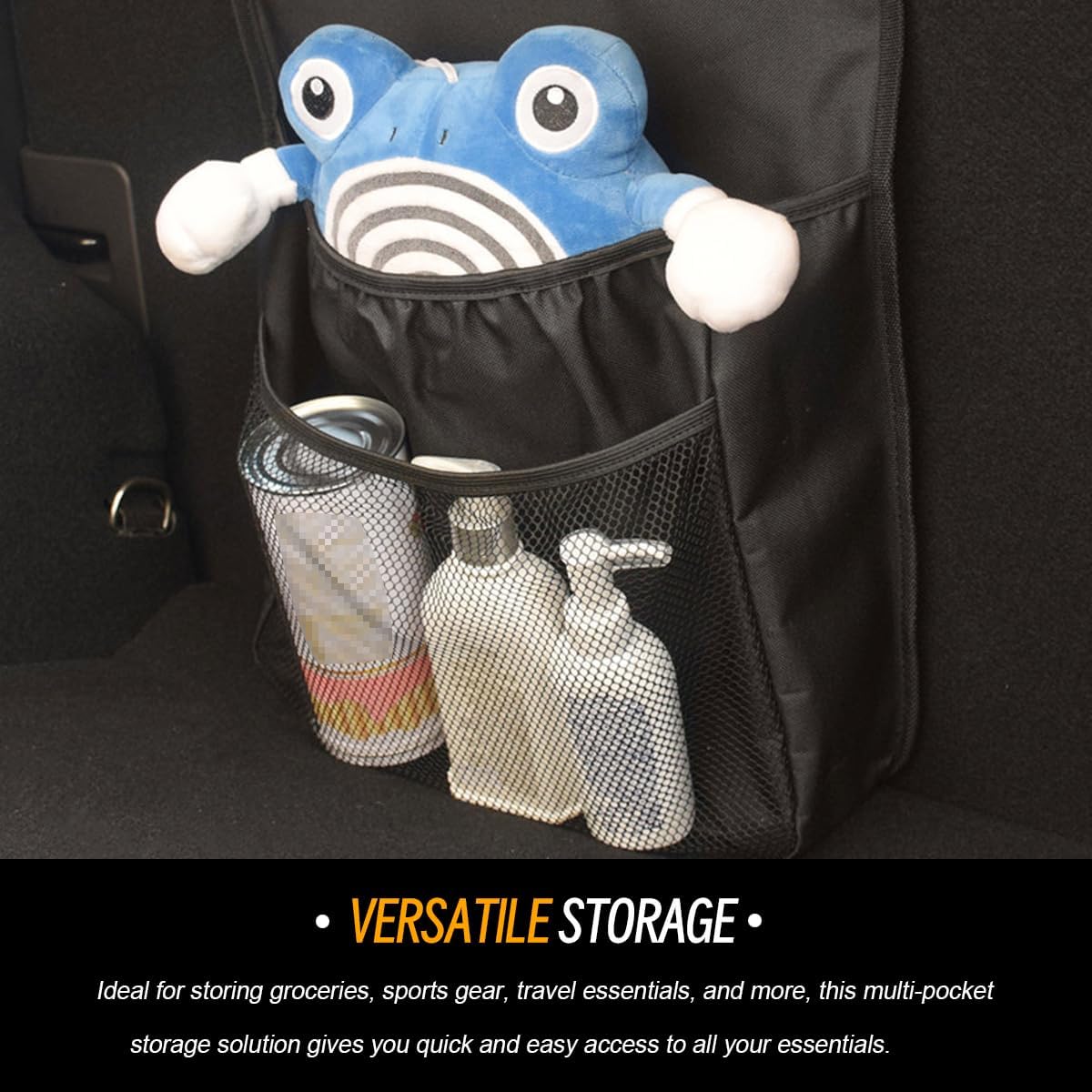 Car Trunk Organizer, Vehicle Backseat Hanging Storage Bag with Netting Pouch, Multifunctional Automotive Interior