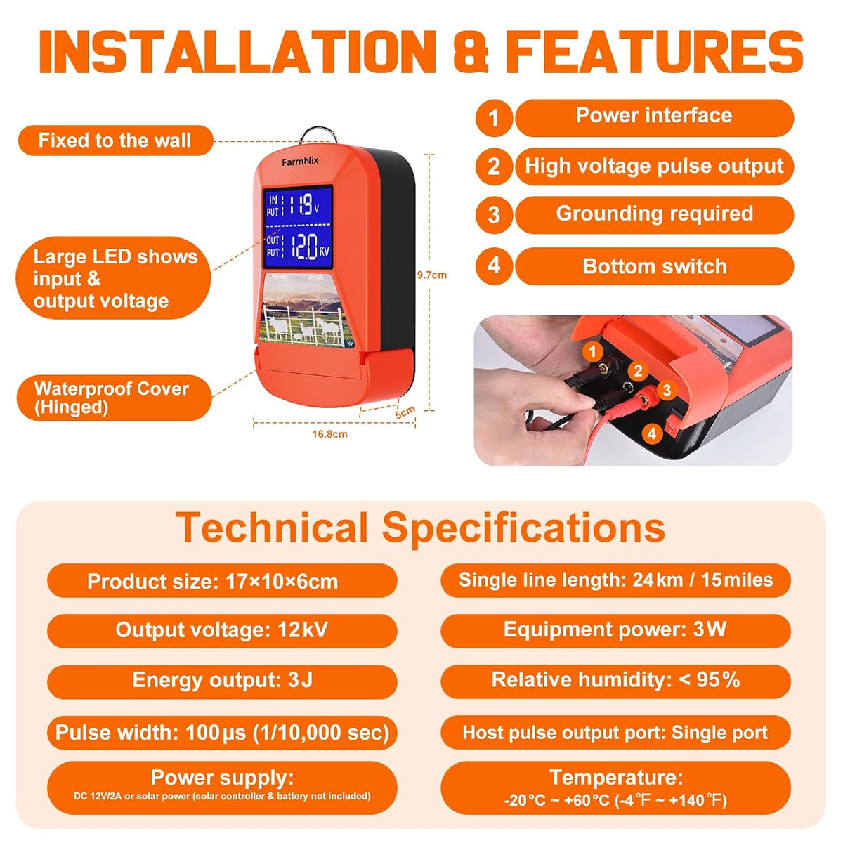 12KV Electric Fence Charger, 15 Miles 3 Joules Electric Fence Kit | Waterproof, Large LED Display, Flip Design