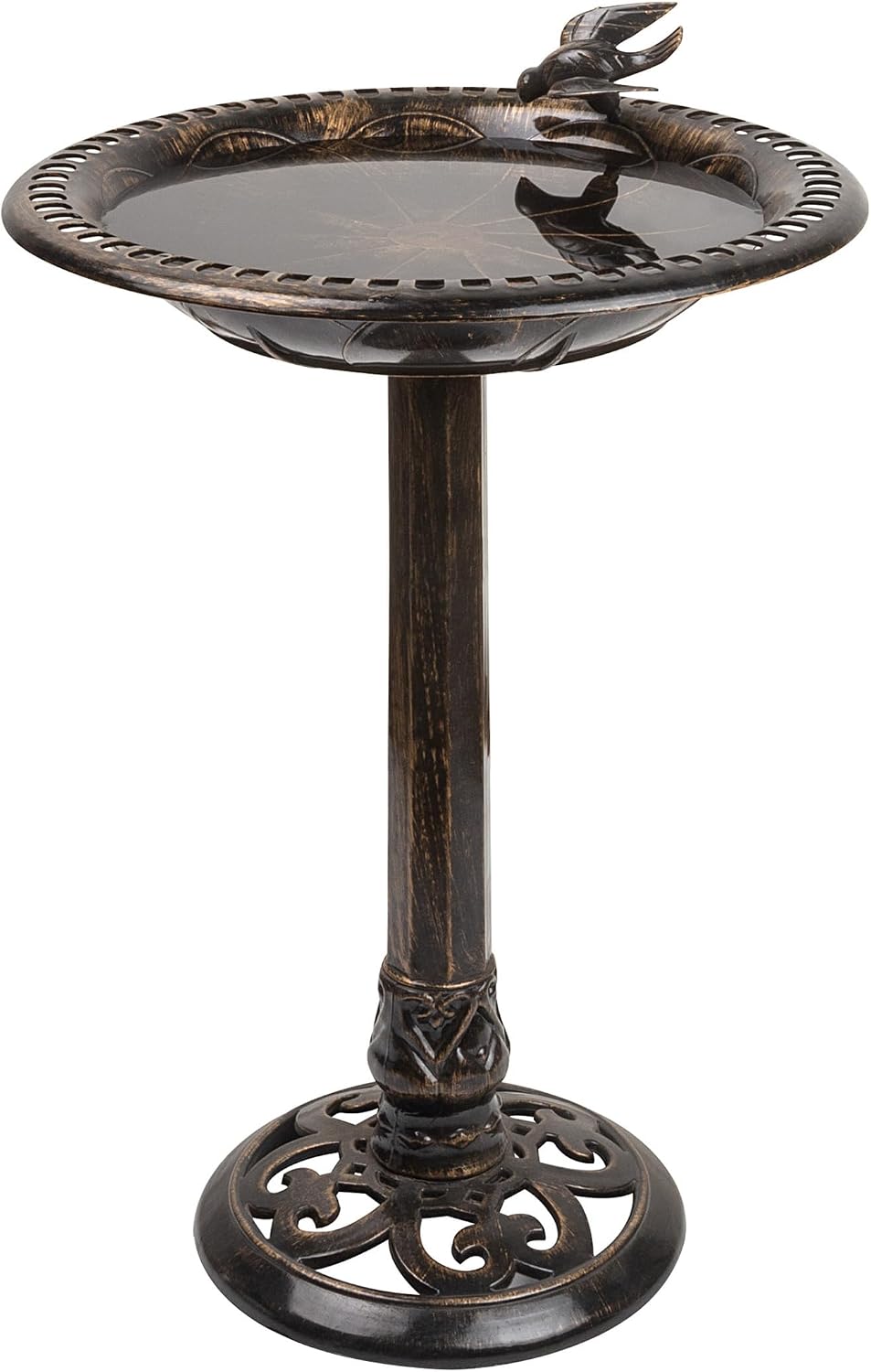 27" Tall Outdoor Antique Pedestal Birdbath with Bird Statue Decor, Durable Polypropylene Construction, Bronze