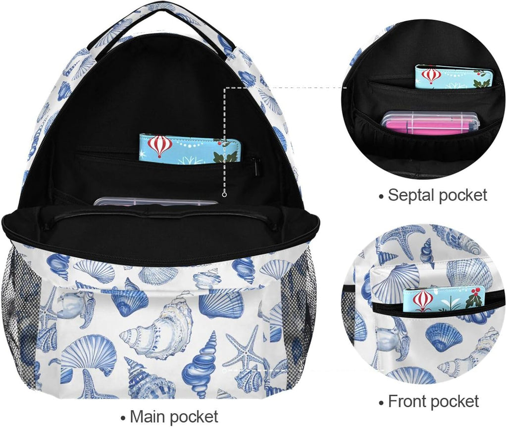 Navy Seashells Kids School Backpack for Boys Girls Teens Bookbag Travel Daypack Bag 16 inch
