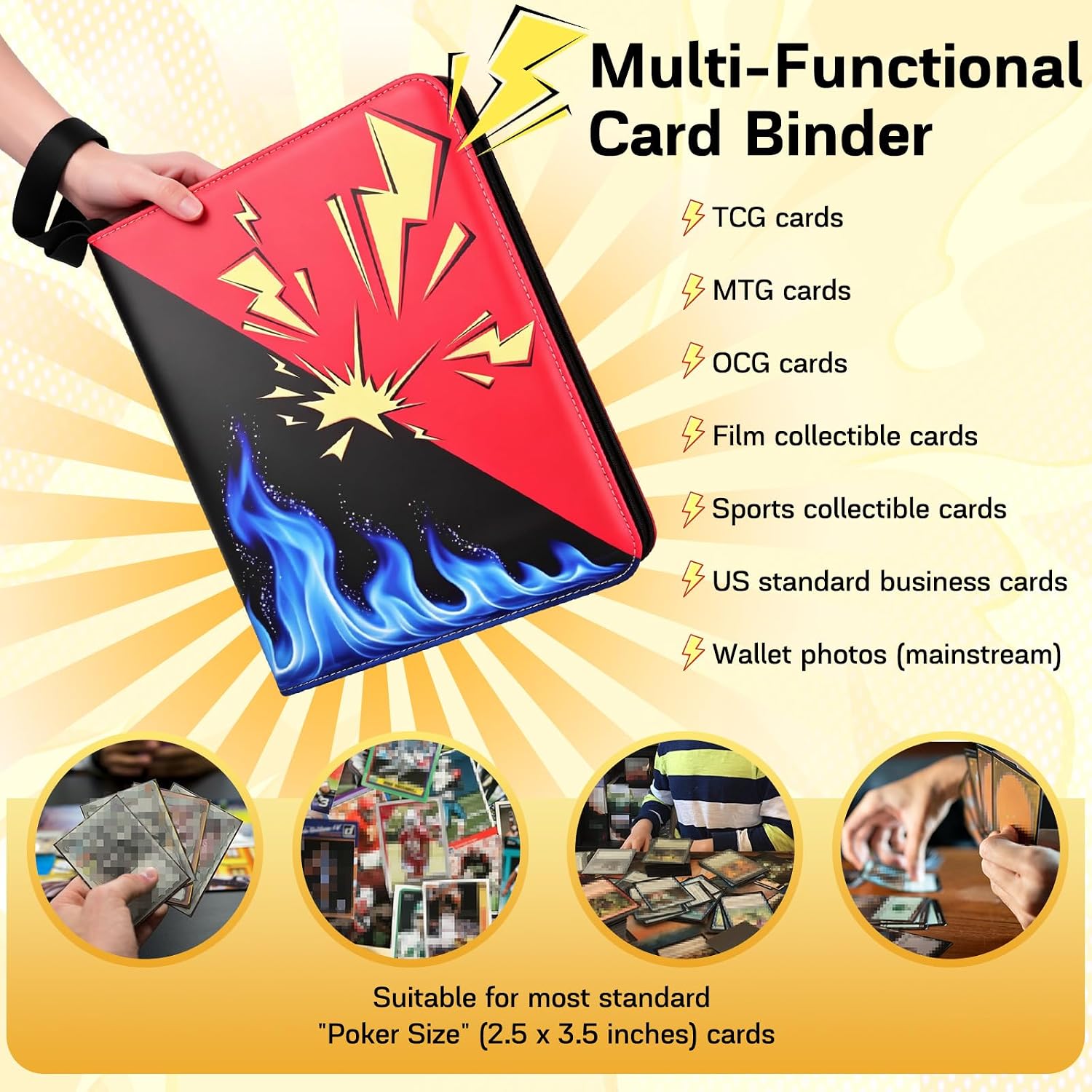 Card Binder 9 Pocket, 1080 Cards Trading Card Binder with 60 Removable Sleeves, Portable Card Binder with Zipper