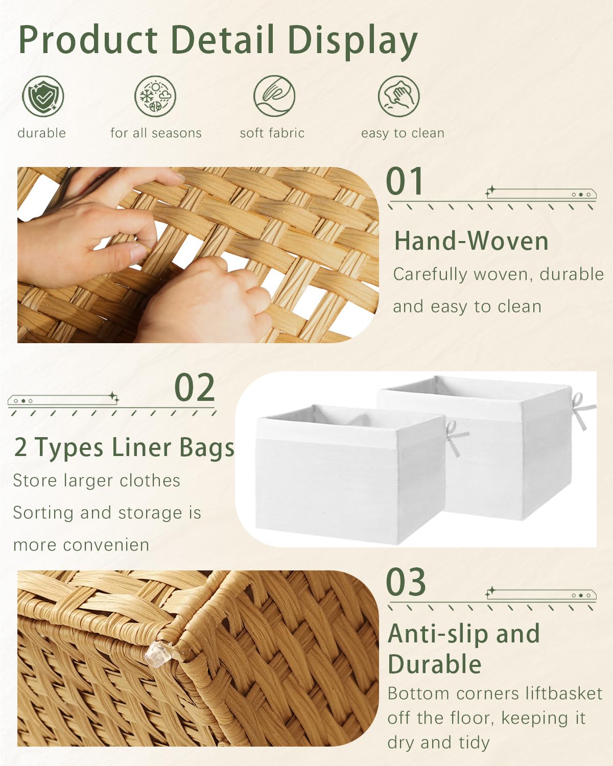 Storage Basket with Lid, 2-Lid PE Rattan Storage Bin, Natural