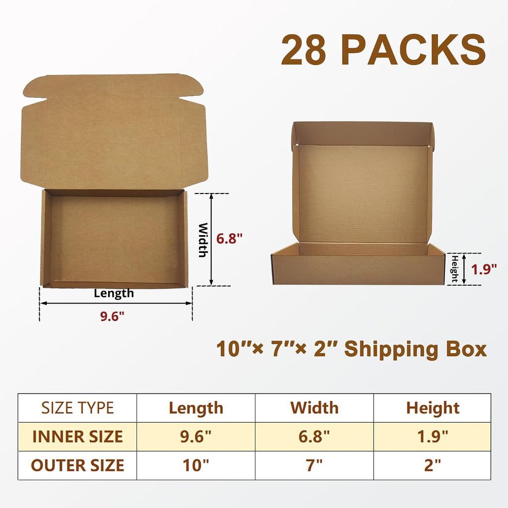 10 x7 x2 inches Corrugated Shipping Boxes, Brown Cardboard Mailers, 28 Pack