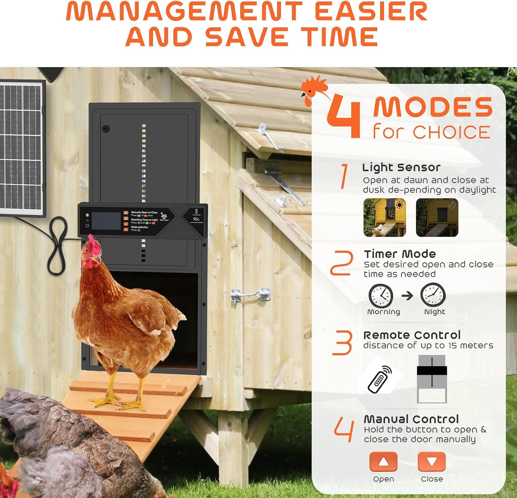Large Automatic Chicken Coop Door Solar Powered 4000mAh High Capacity-Black