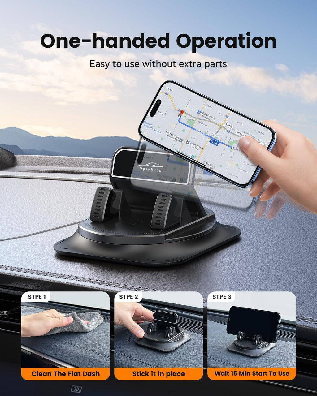 360 Degree Rotation Dashboard Phone Holder for Car, Anti-Slip Grips & One-Hand Operation Car Cell Phone Mount with
