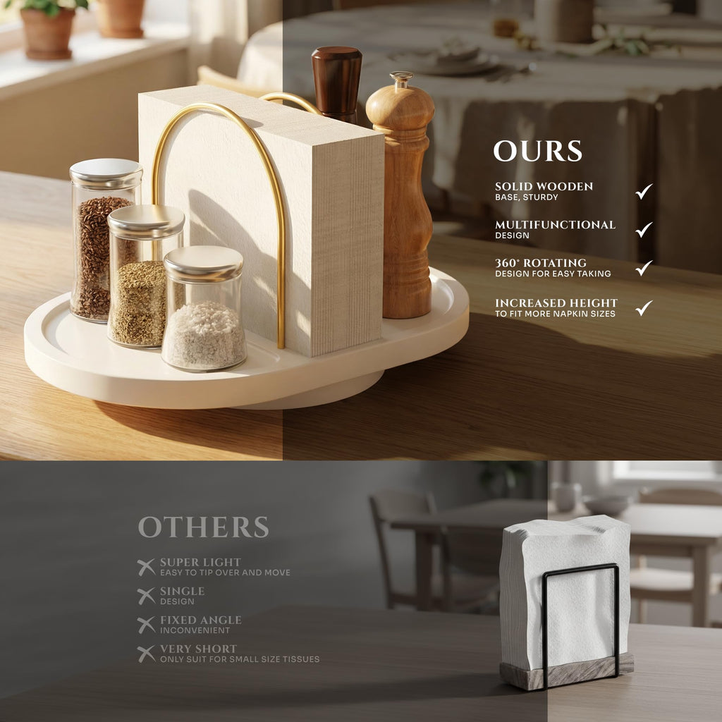 White Rotating Napkin Holder with Salt & Pepper Shaker Storage