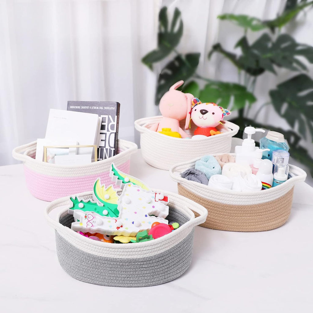 Small Woven Baskets, 12"x8"x5" Rope Baby Toy Storage Basket with Handle, Durable Gift Basket Empty for Graduation