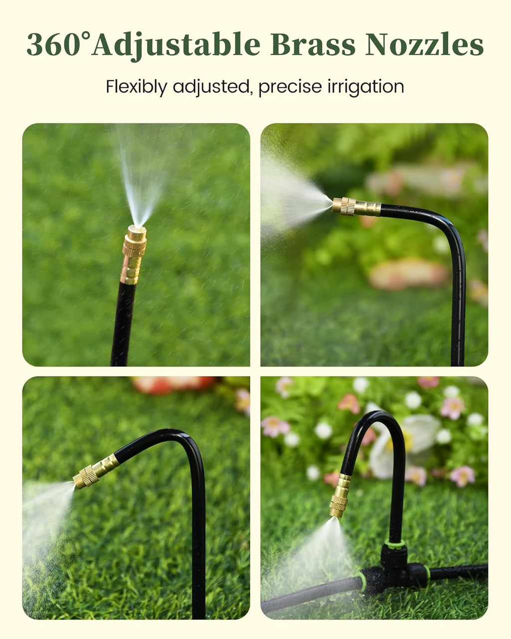 50FT Drip Irrigation System, Garden Watering Kit with 15pcs 360°Adjustable Copper Nozzles, Automatic Atomizing