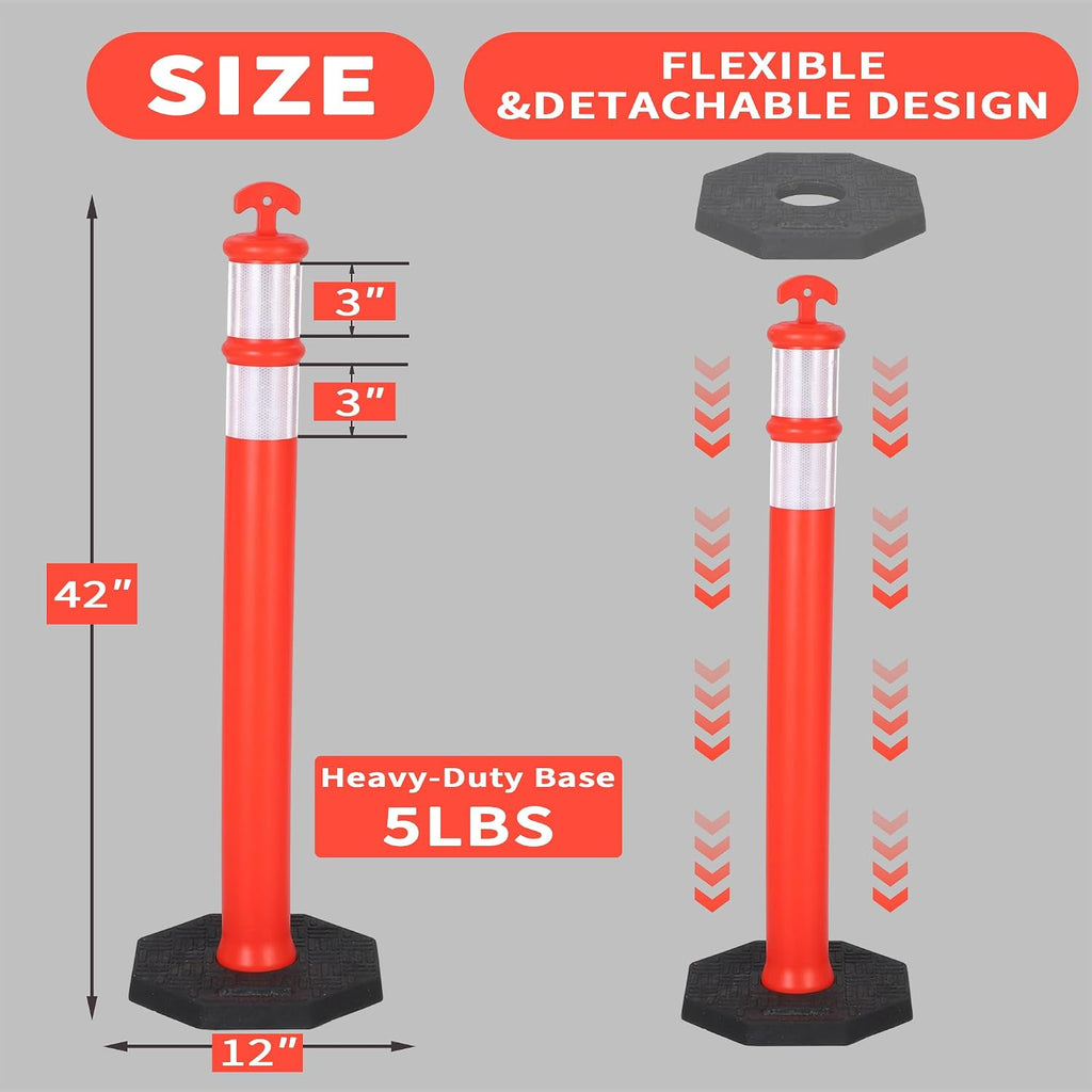 42" Traffic Delineator Posts 6 Pack,Safety Cones Heavy-Duty with Reflective Collars & Weighted Base for Construction