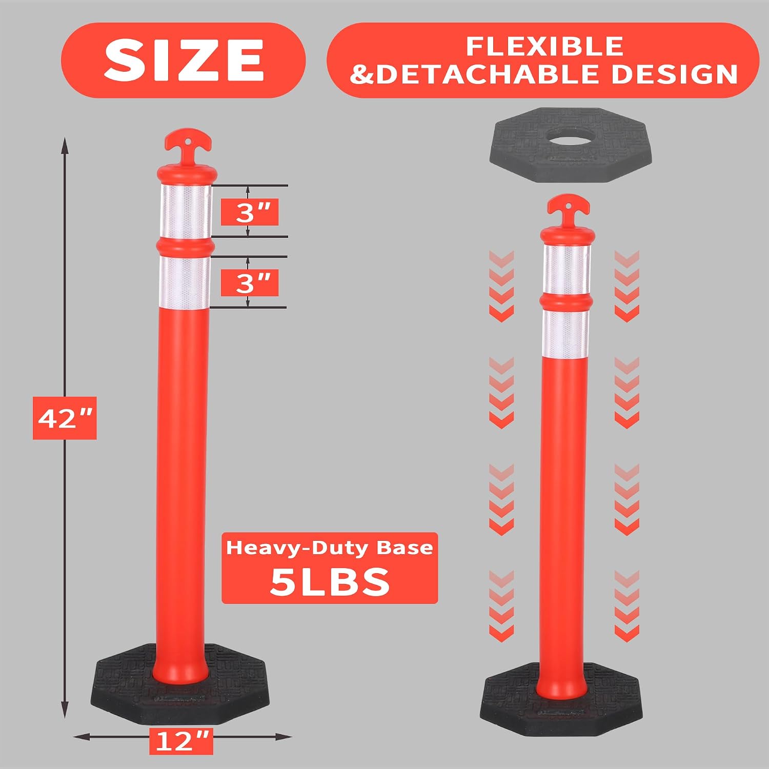 42" Traffic Delineator Posts 6 Pack,Safety Cones Heavy-Duty with Reflective Collars & Weighted Base for Construction