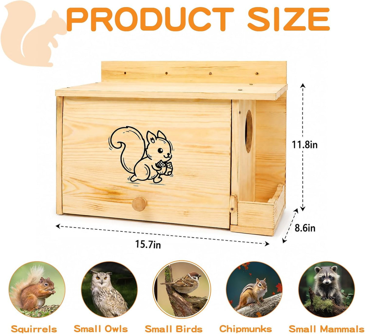 2-in-1 Squirrel House with External Feeder, Carbonized Pine Wood