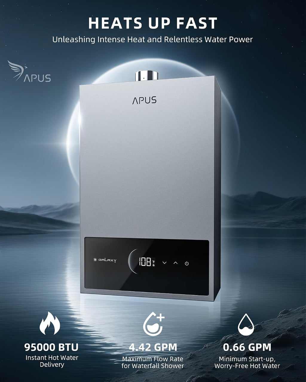 Tankless Water Heater Propane Gas, Up to 4.42 GPM, Indoor Hot Water Heater, 95,000 BTU on Demand Instant Hot Water