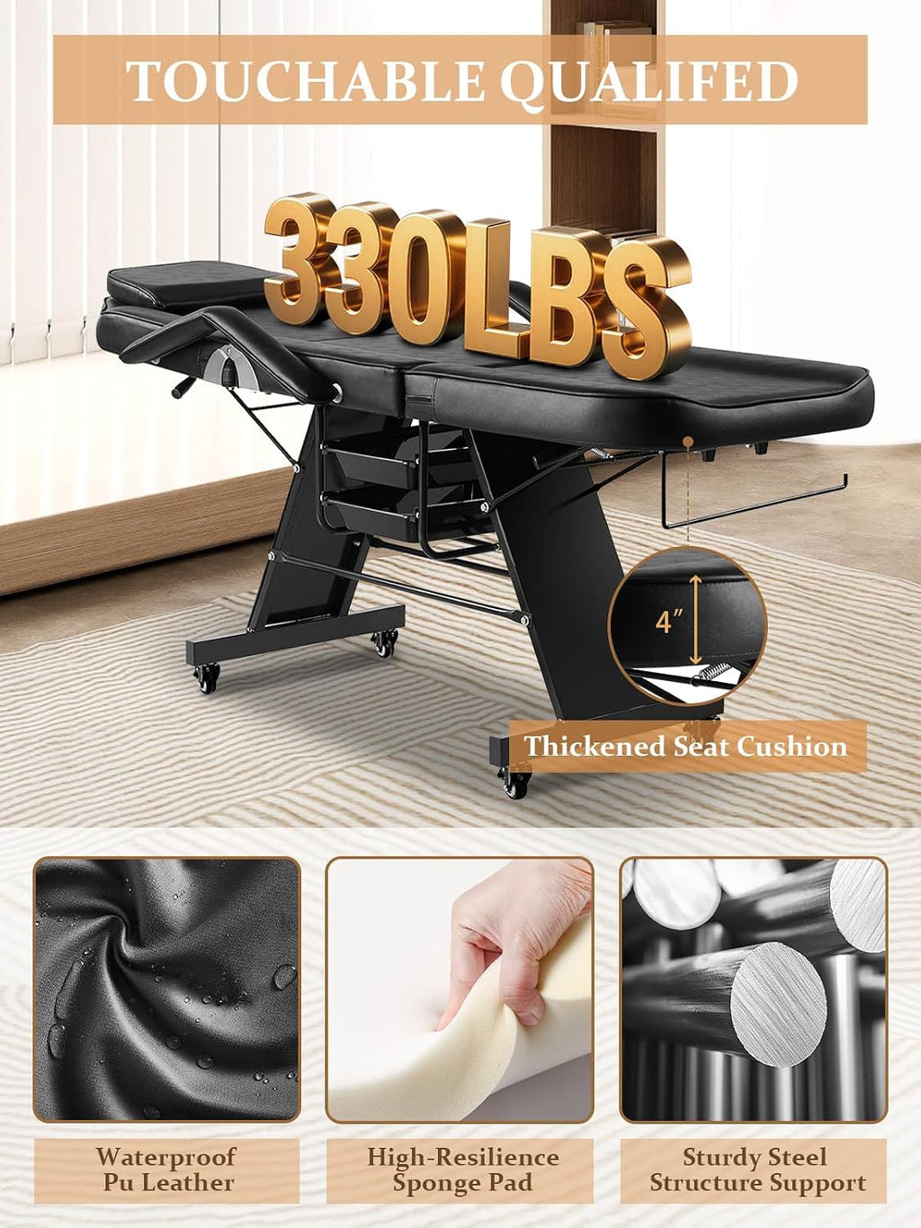 Tattoo Chair for Client, Esthetician Bed with Rolling Stool and Wheels Adjustable Beauty Salon Spa Table 360 Swivel