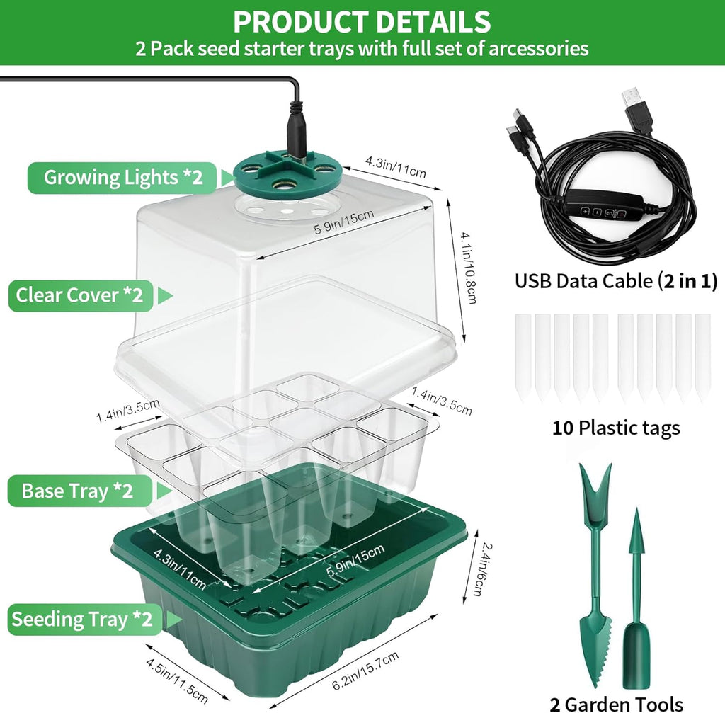 Seed Starter Tray with Plant Light, 2 Pack Grow Lights for Seed Starting Kit with Humidity Domes, Timing Controller