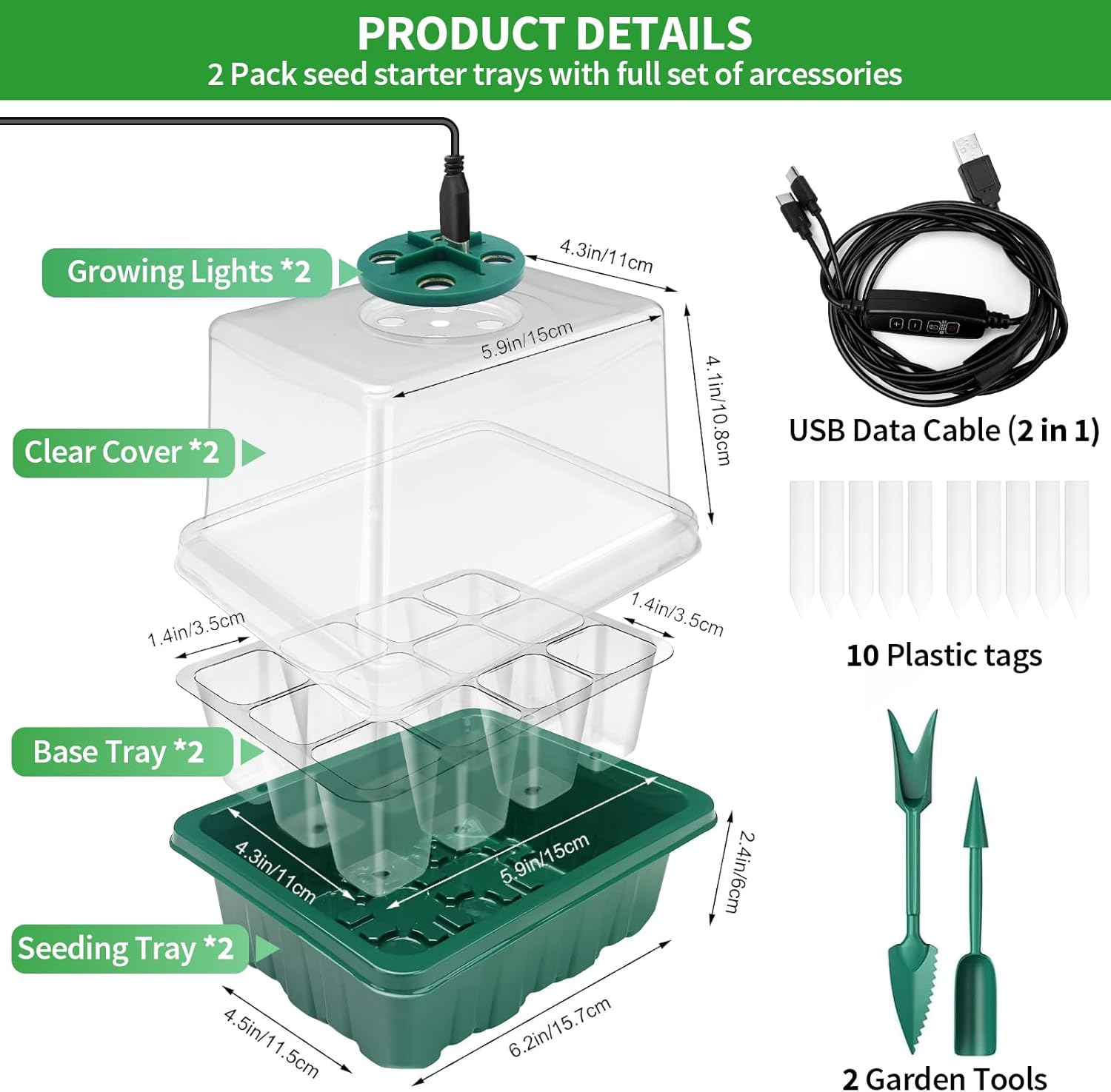 Seed Starter Tray with Plant Light, 2 Pack Grow Lights for Seed Starting Kit with Humidity Domes, Timing Controller