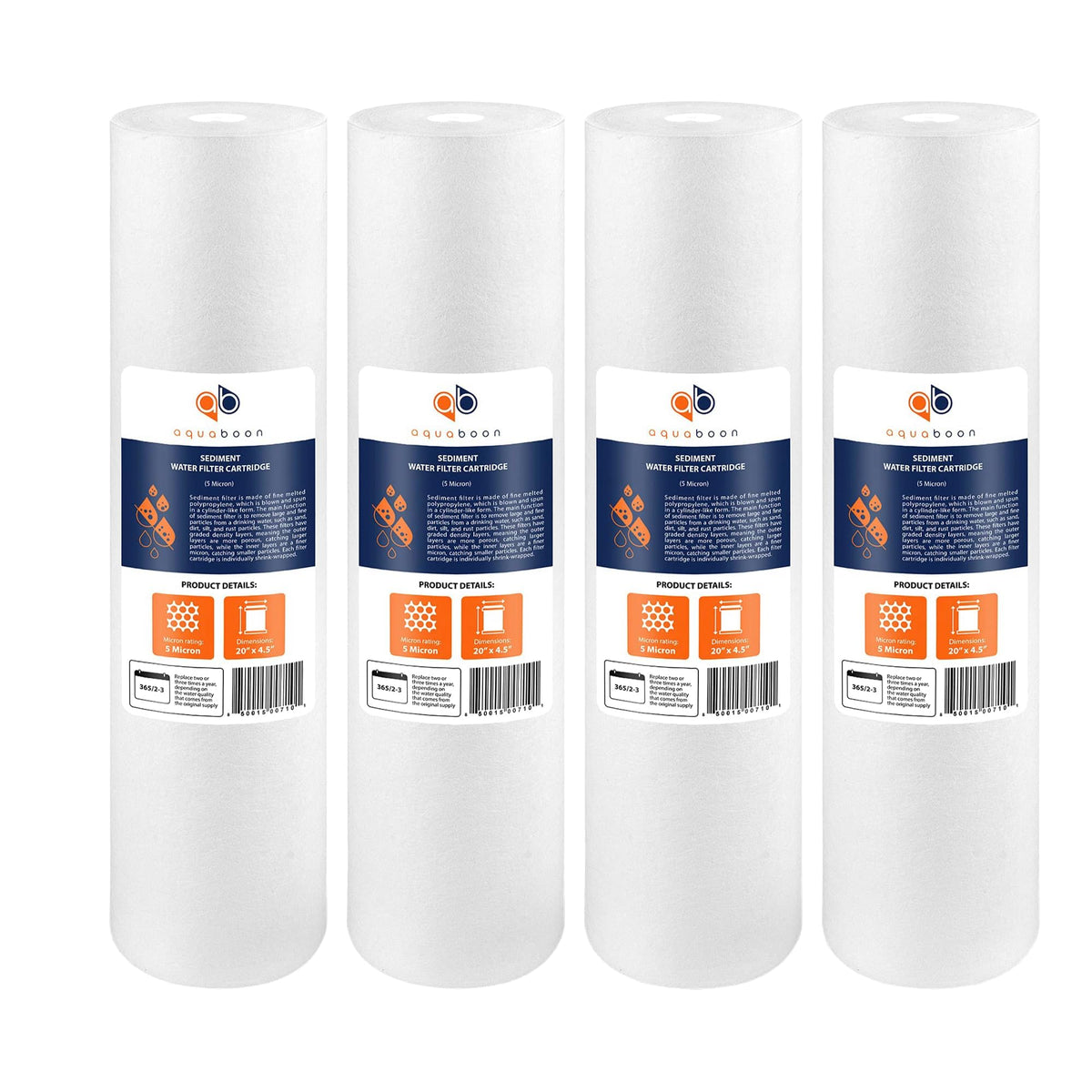 Aquaboon 5 Micron 20 x 4.5 Sediment Water Filter Replacement - 4 Pack