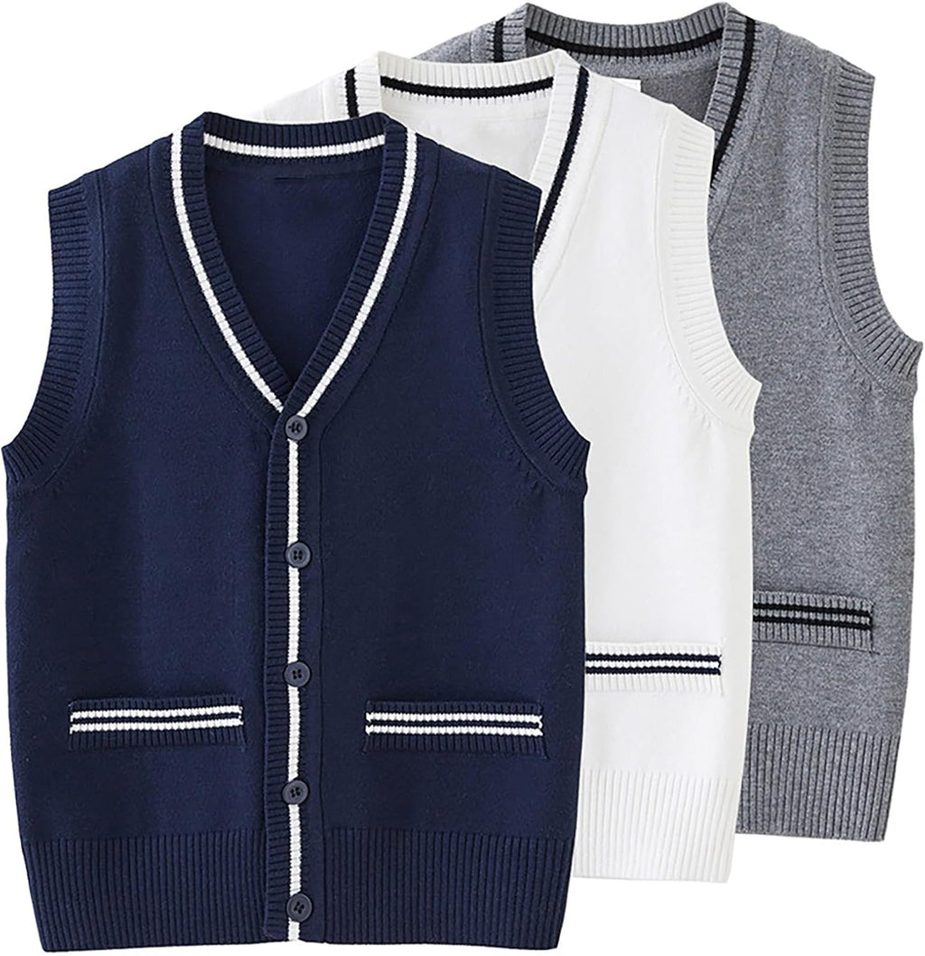 Kids School Uniform Sweater Vest V Neck Sleeveless Knit Cardigan Boys Back to School Button Knitted Tops with Pockets