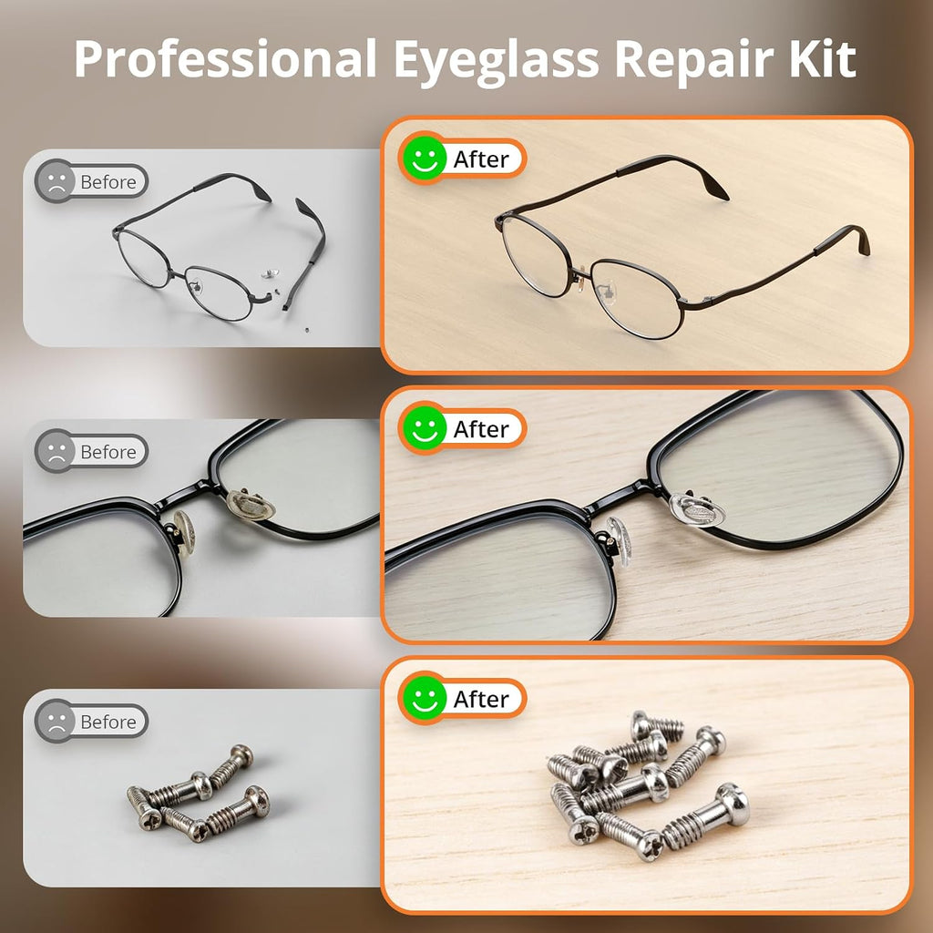 Eyeglass Repair Kit, Sunglasses/Glasses Repairing Tool including Small Screws, Nose Pads and Screwdrivers, Eyeglass