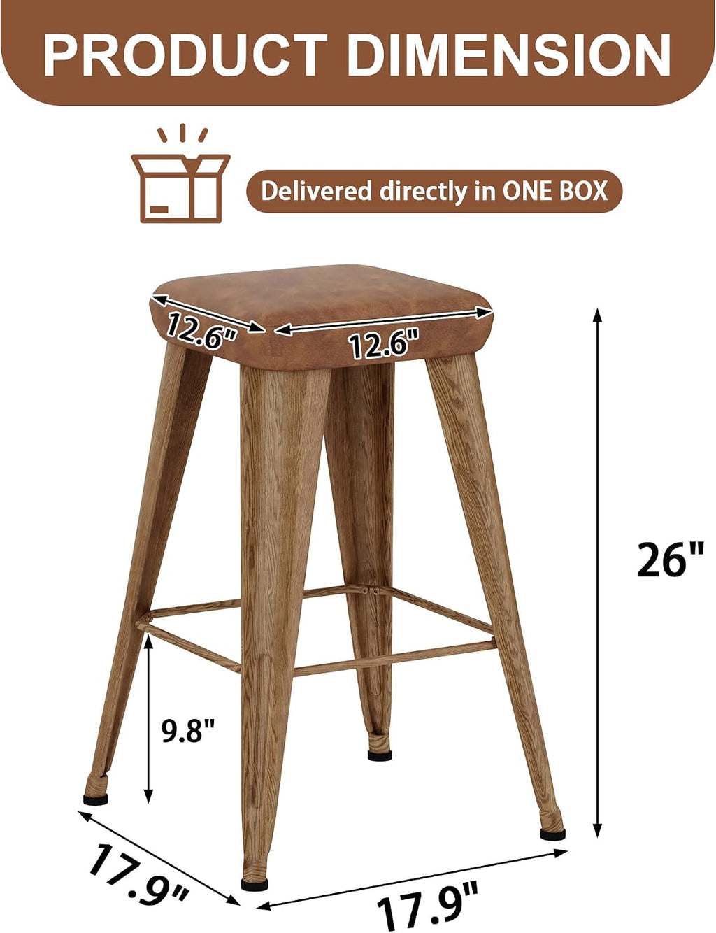 Backless Bar Stools Set of 4, 26" Walnut Brown Metal Barstools