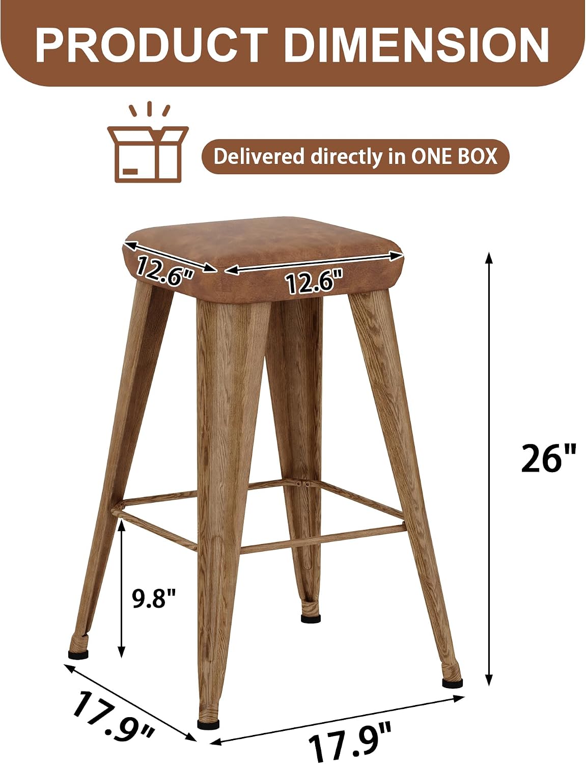 Backless Bar Stools Set of 4, 26" Walnut Brown Metal Barstools