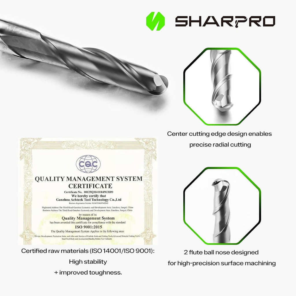 1/8'' Shank Carbide Ball Nose End Mill Bits, 2 Flute Solid Carbide