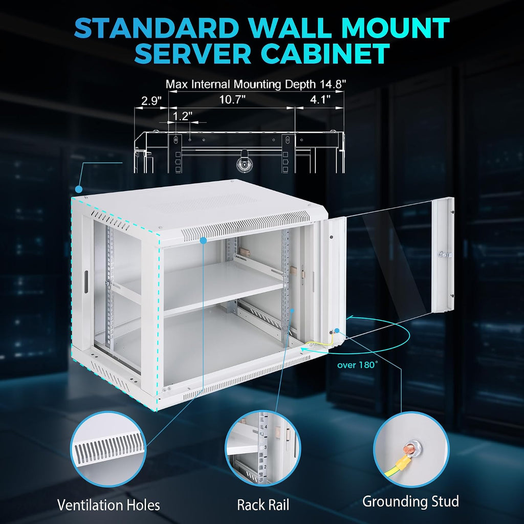 9U Rack, 17.7" Depth Wall Mount Rack Network Cabinet for Office