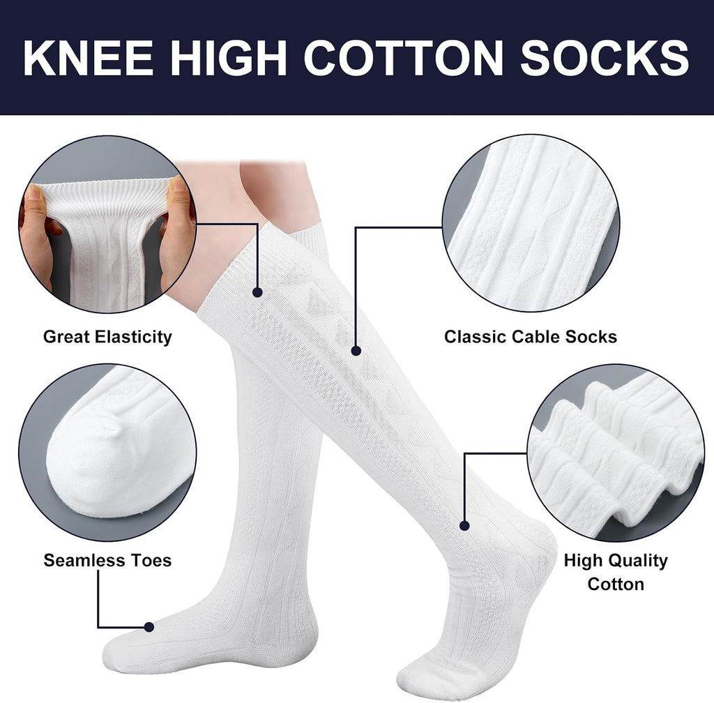9 Pairs Girls Knee High School Uniform Socks | Cable Knit Seamless Cotton Breathable, Long Tube Dress Socks