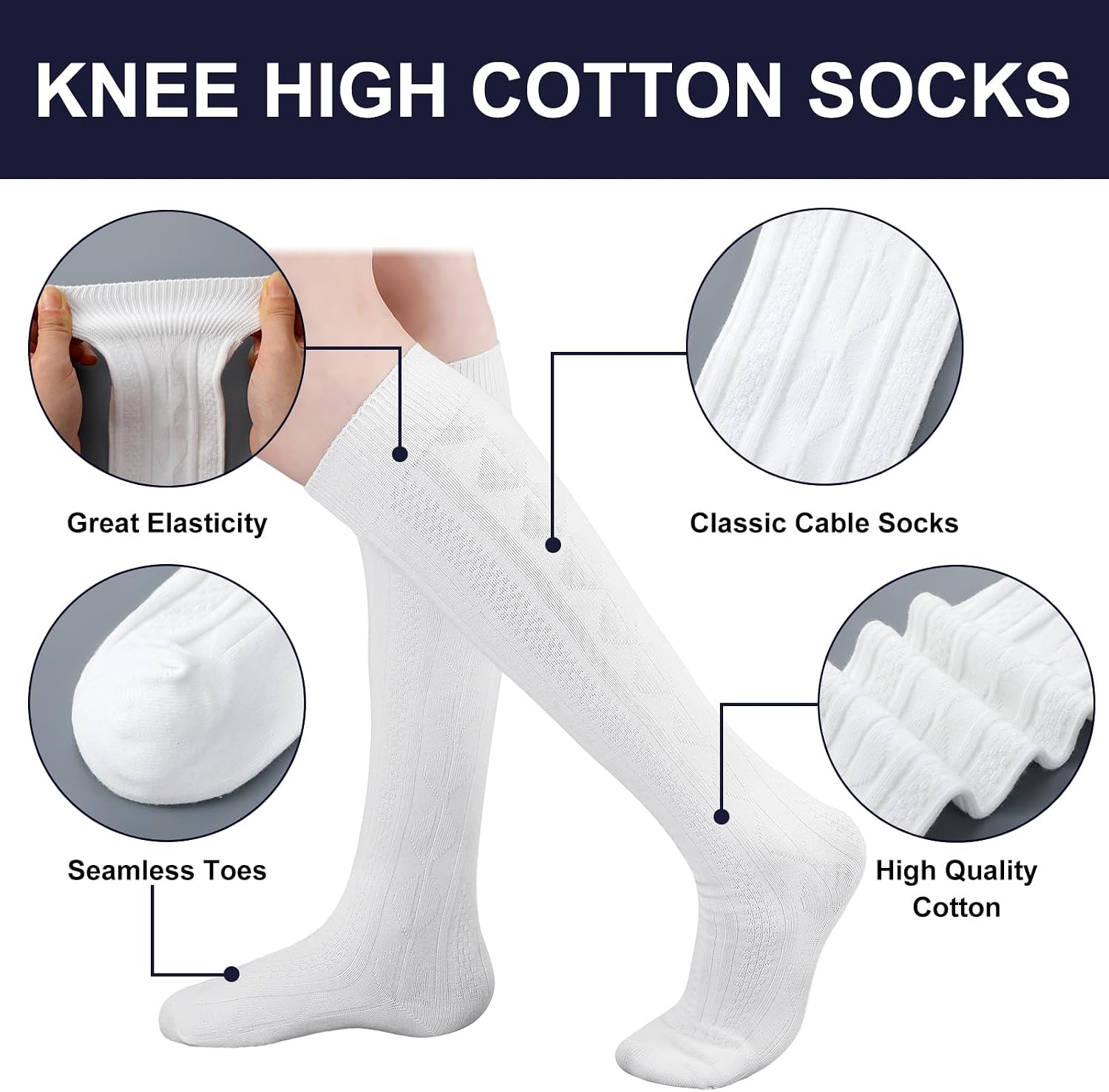 9 Pairs Girls Knee High School Uniform Socks | Cable Knit Seamless Cotton Breathable, Long Tube Dress Socks