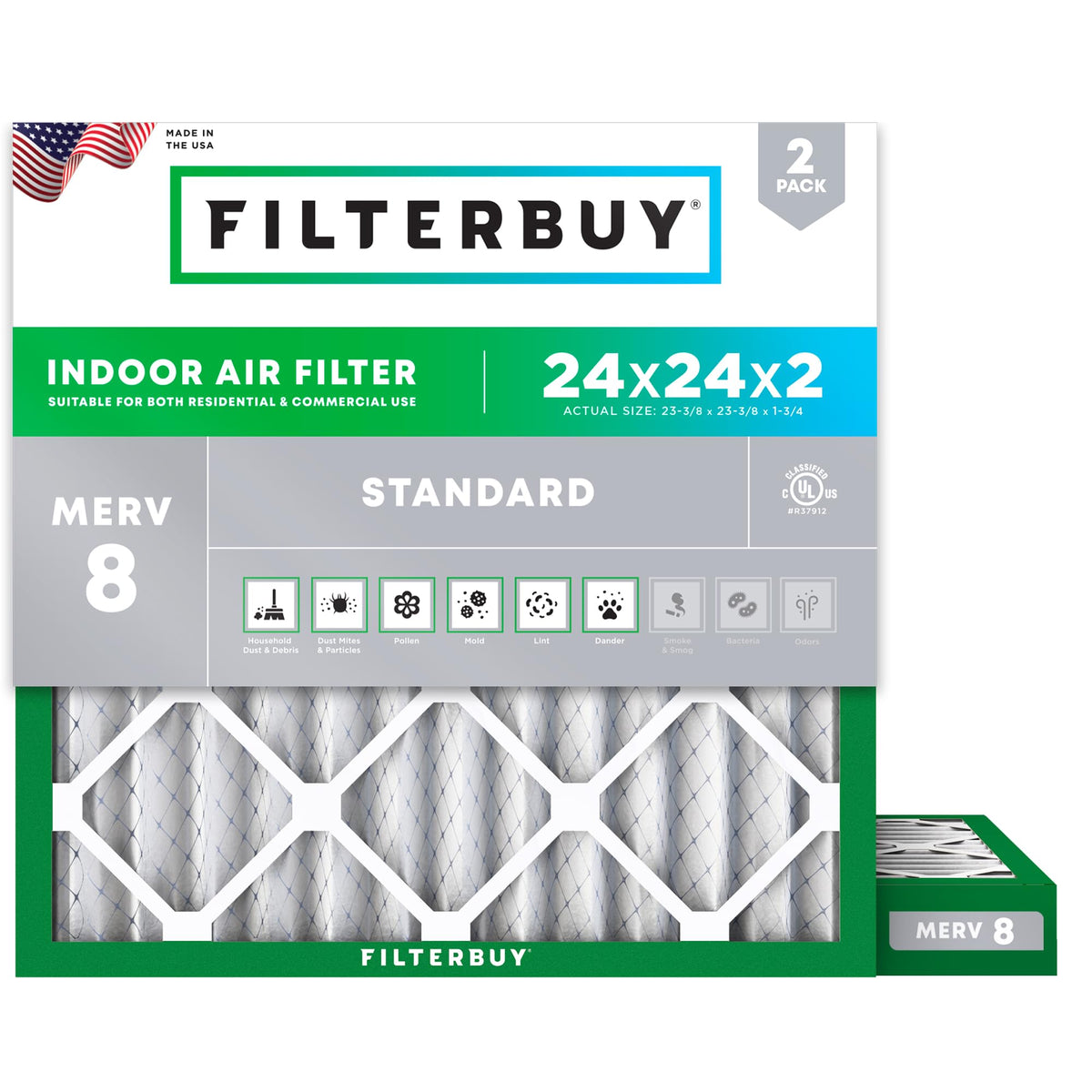 24x24x2 Air Filter MERV 8 Dust & Allergy Defense (2-Pack)