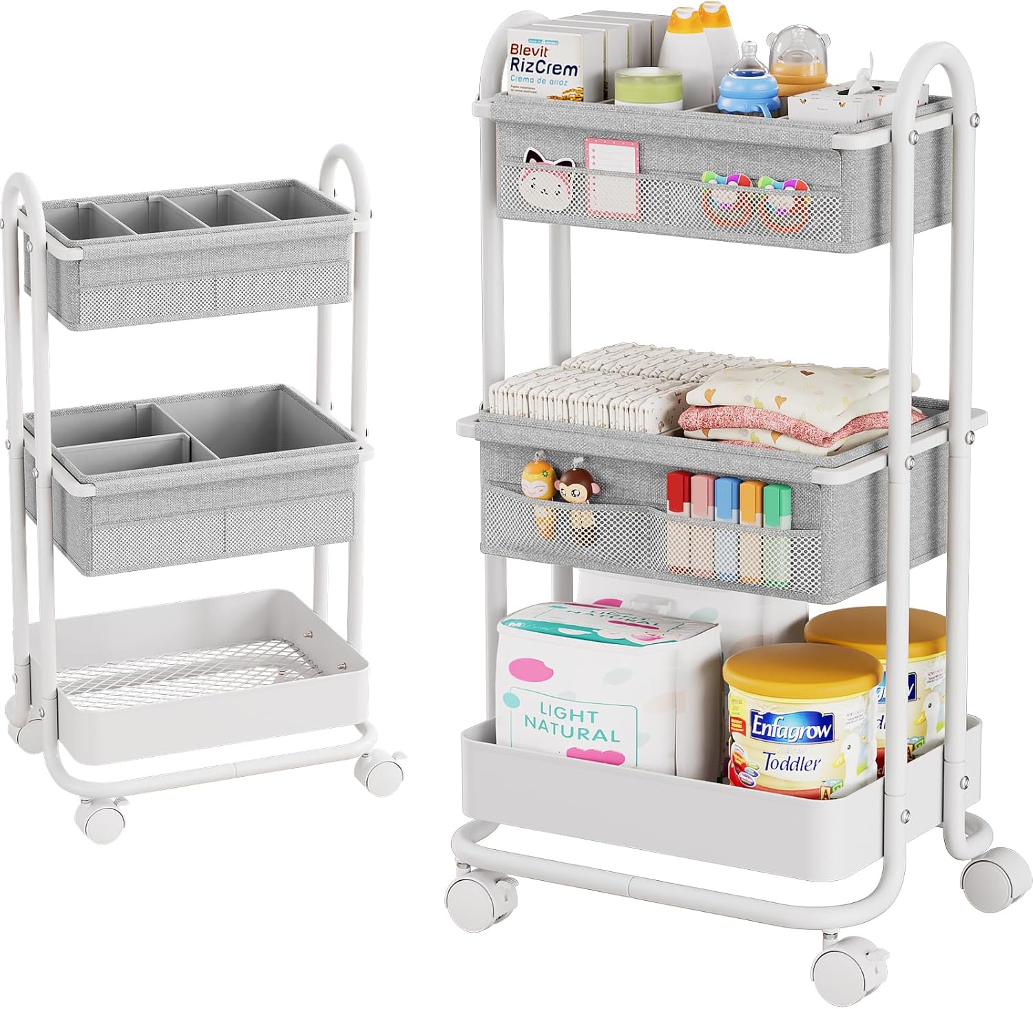 Baby Diaper Caddy Organizer Cart - 3 Tier Rolling Storage Cart with Wheels, Baby Essentials for Nursery Storage