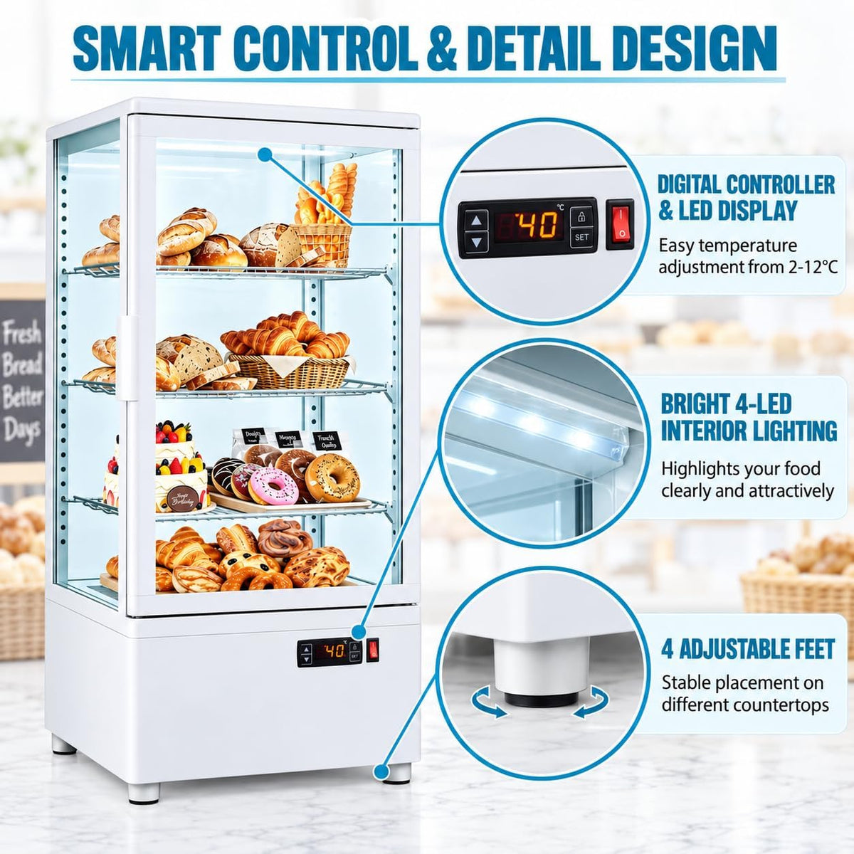 2.0 Cu.Ft. Countertop Bakery Display Refrigerator with LED Lighting, Rear Sliding Door, Air-Cooling, and Automatic