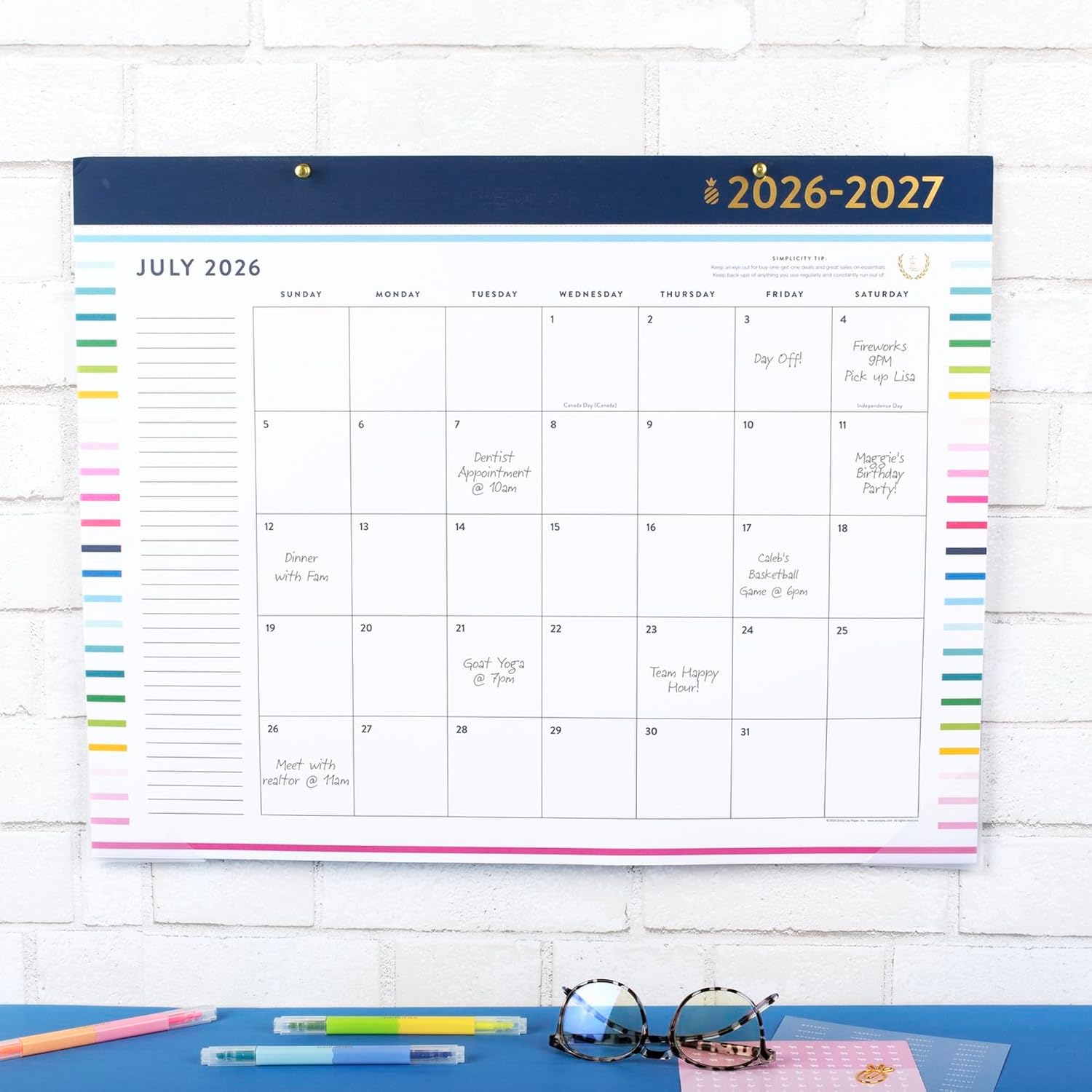 Simplified by Emily Ley for AT-A-GLANCE Academic 2026-2027 Monthly Desk Pad Calendar, Happy Stripe, Standard, 17" x