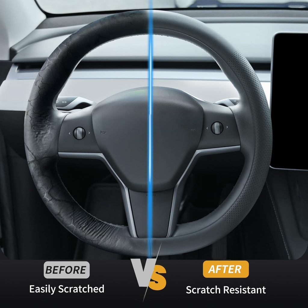 Nappa Leather Steering Wheel Cover Compatible with Tesla Model 3/Y 2016-2025 2026 Juniper/Highland, Non-Slip