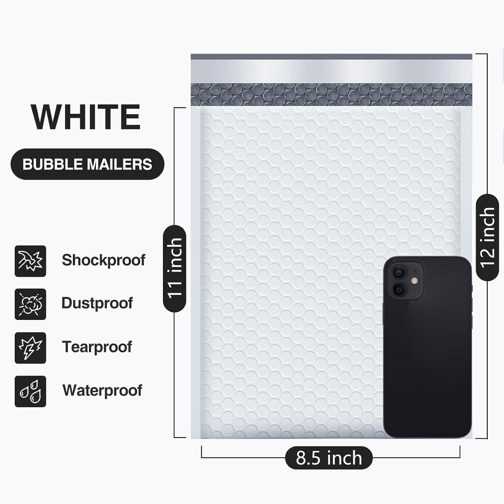 Bubble Mailers 8.5x12" 25 Pack Usable Size 8.5x11" White Shipping Bag