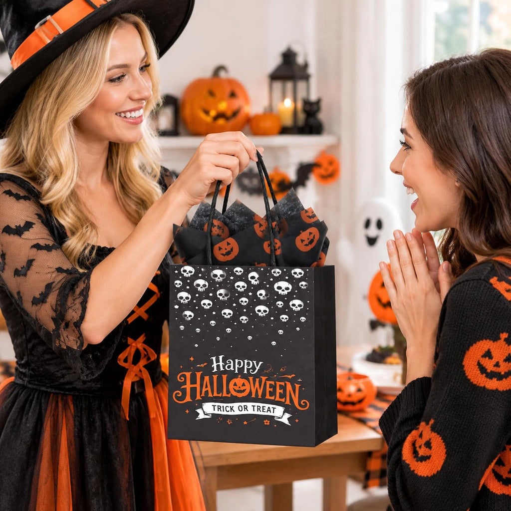 30 Pack Halloween Kraft Gift Bags with Handles Tissue Papers