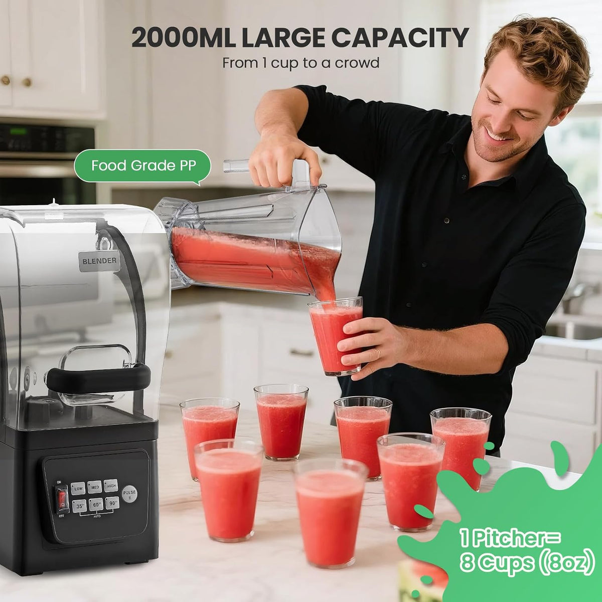 2200W Commercial Blender, Quiet Sound Enclosure, Self-Clean Black