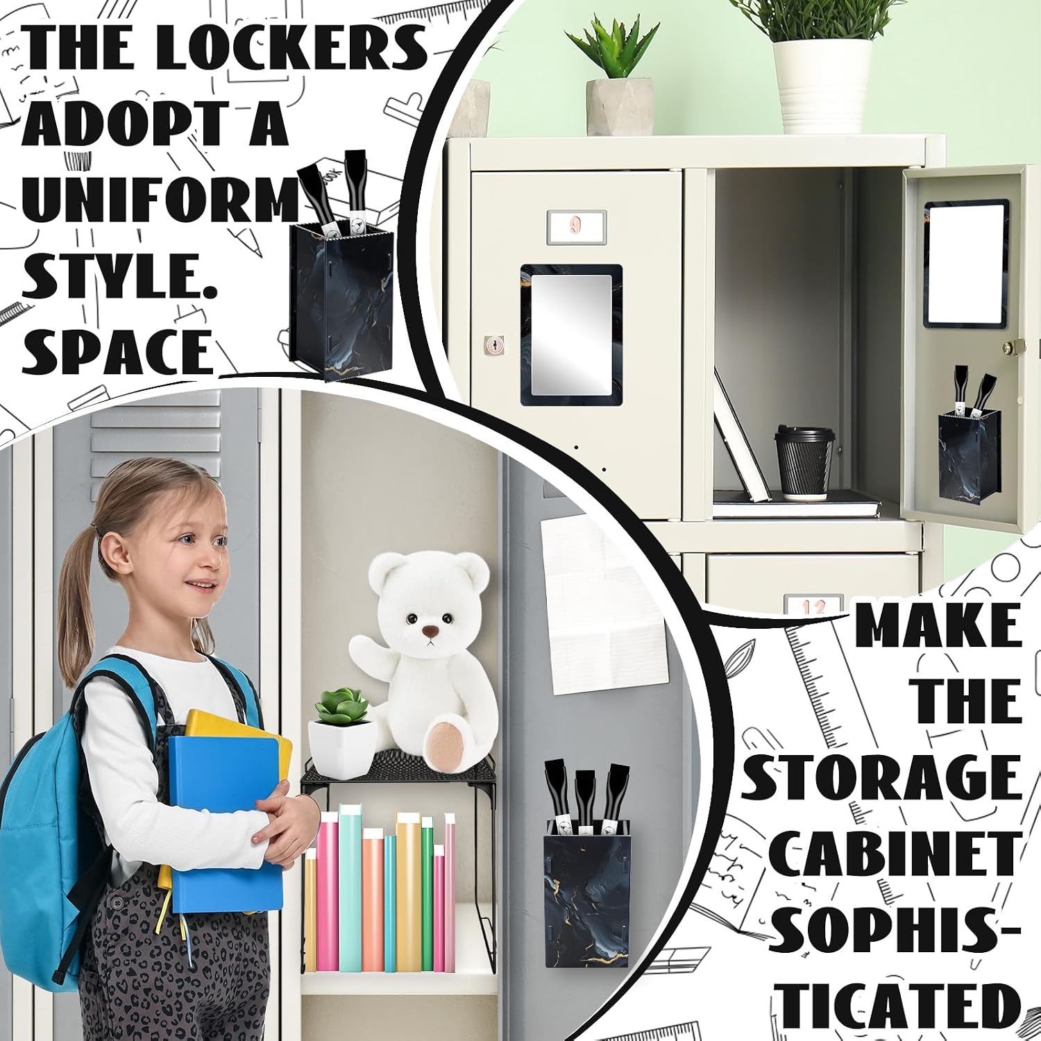 9 Pcs Locker Accessories Kit Black Locker Organizer Magnetic Whiteboard Mirror Pen Holder Pen for Storage Organizing