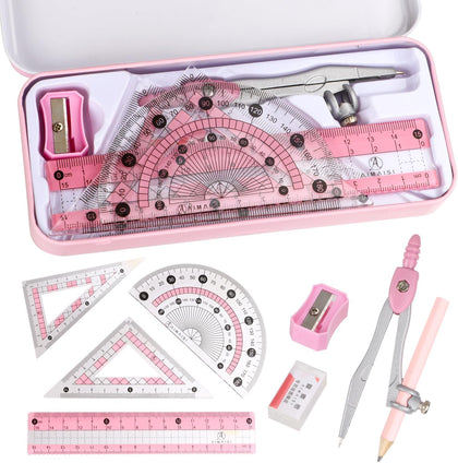 Compass Geometry Tool Protractor and Compass Set with Metal Box Drawing Compass with Rulers Math Compass Kit for