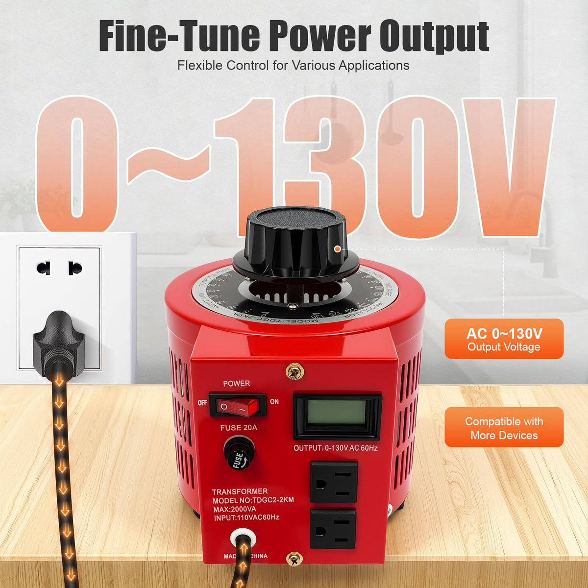 Variac, Variable Transformer 2000VA 20A 0-130V AC Digital Cu Coil Motor